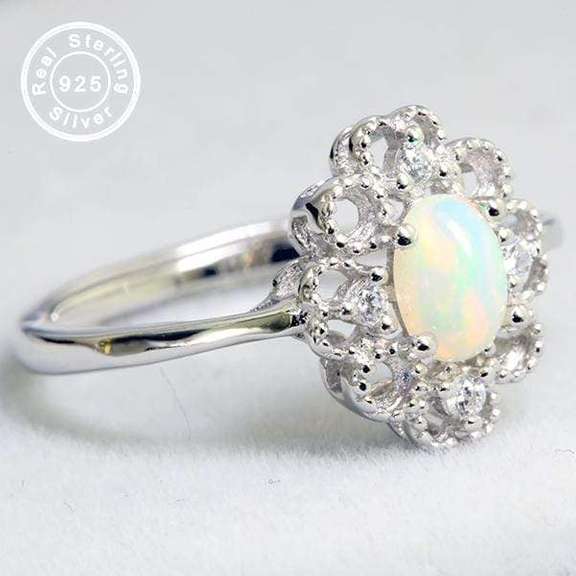 GENUINE ETHIOPIAN OPAL & CREATED WHITE SAPPHIRE 925 STERLING SILVER RING ADJUSTABLE OPEN RING