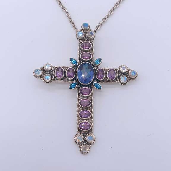 Sterling Silver & Gemstone Cross Pendant Necklace