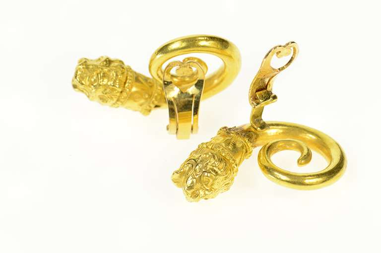 22K Yellow Gold Dragon Swirl Lion Clip Back Statement Earrings