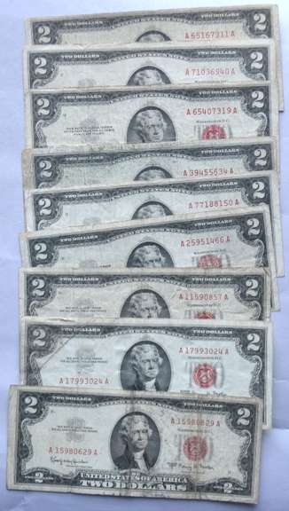 9 Mixed 1953 1963 Various Series $2 Red Seal US Notes
