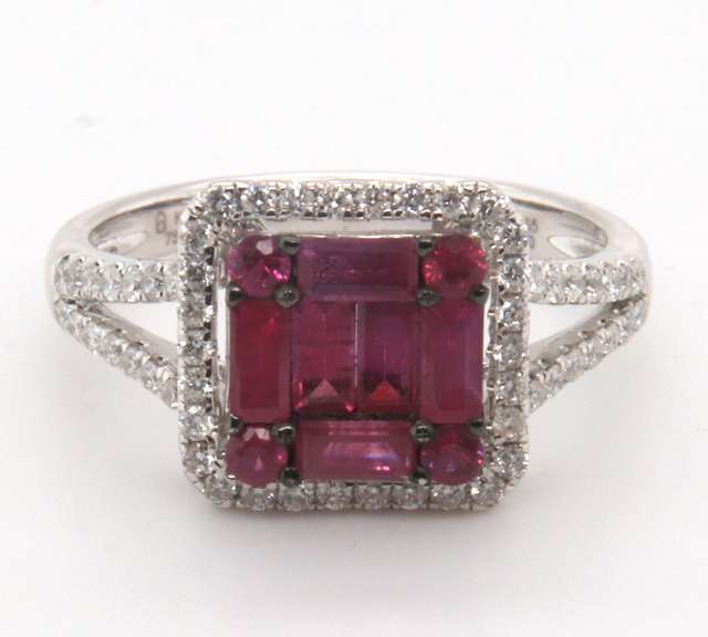 Brilliant 18k Stamped White Gold Square Cluster Ruby Ring with Sparkling Diamonds