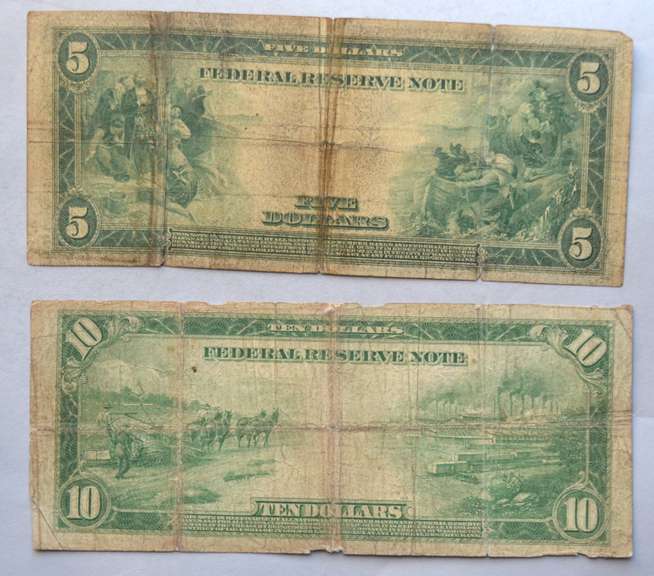 $ 5 Columbus Landing &10 Agricultural & Industry Series of 1914 FRN