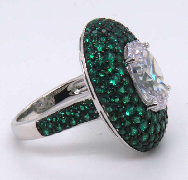 Sterling Silver Oval White and Green Cubic Zirconia Ring