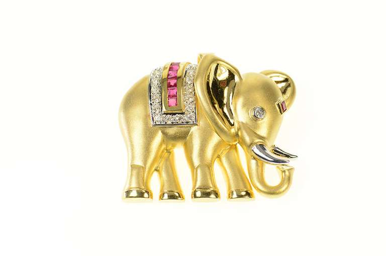 18K Yellow Gold 1.67 Ctw Ruby Diamond Ornate Elephant Pendant