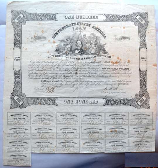 $ 100 August 15 1862 Confederate States of Americal Loan Bond, Eight Per Cent Interest
