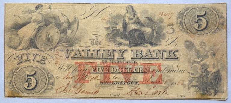 $ 5 Valley Bank Of Hagerstown Jan 31 1855 Note