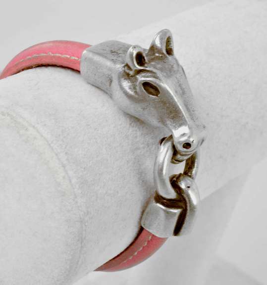 Sterling Silver Horse Bracelet With Pink Leather Strap.