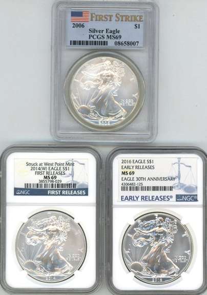3 MS69 PCGS & NGC $1 Silver Eagles: 2006, 2014(W), & 2016