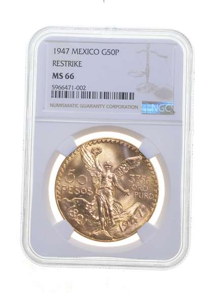MS66 1947 Mexico 50 Gold Pesos - Restrike - Graded NGC