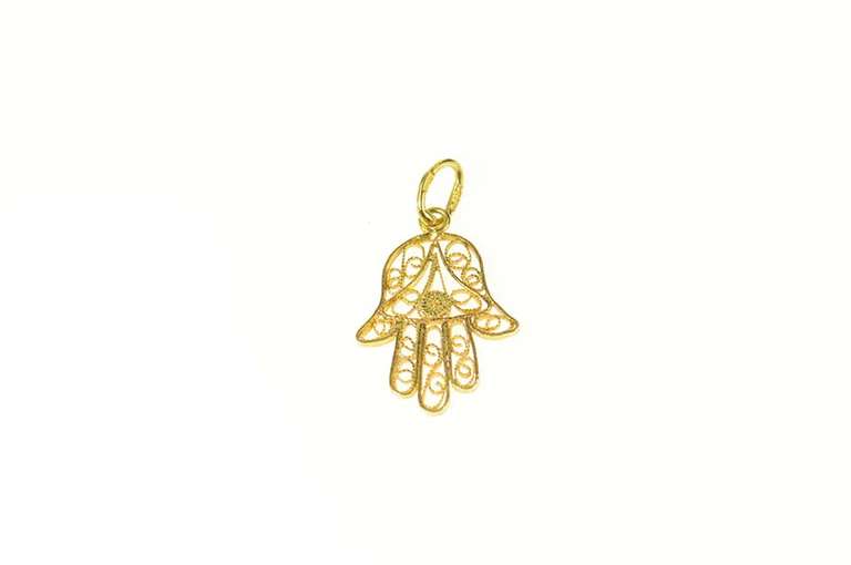 18K Yellow Gold Filigree Hamsa Arabic Protection Symbol Charm/Pendant