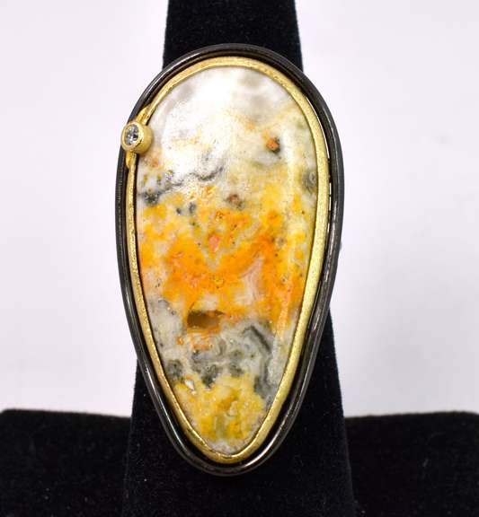 Colorful Gemstone & CZ Set in Rhodium Plated Sterling Silver Ring with Yellow Gold and CZ Accents