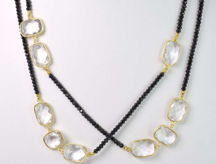 Incredible Black Bead Gemstone Necklace with Clear Geometric Gemstones