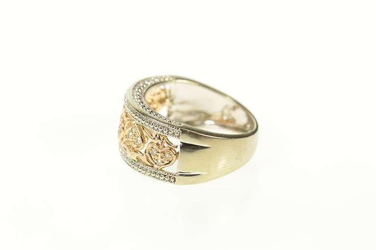 14K White Gold Pave Diamond Heart Pattern Two Tone Band Ring
