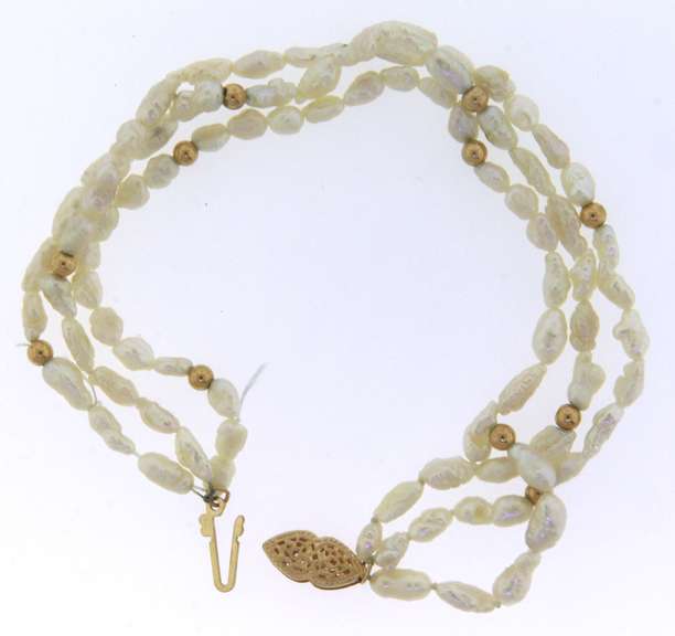 Ladies 14kt Gold Multi-Row Pearl Bracelet