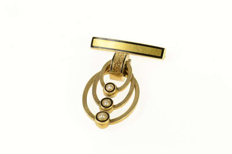 14K Yellow Gold Victorian Black Enamel Pearl Dangle Oval Pin/Brooch
