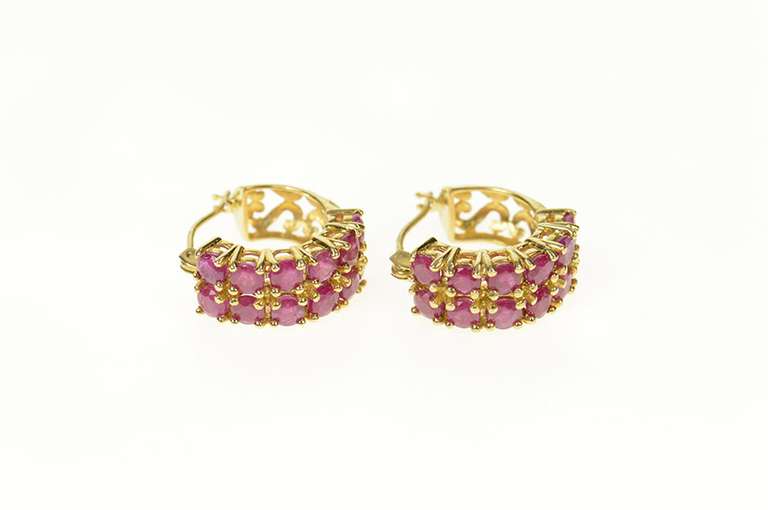 14K Yellow Gold Squared Natural Ruby Filigree Statement Hoop Earrings