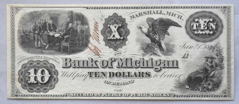 $ 10 Jan 1 1862 Bank Of Michigan Marshall Unissued Note