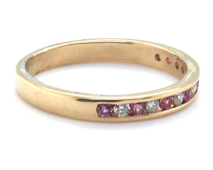 Charming Yellow Gold Pink Sapphire and Diamond Channel Set Band