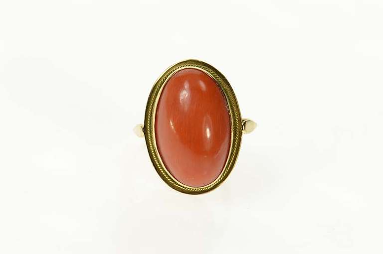 18K Yellow Gold Victorian Red Coral Cabochon Statement Ring