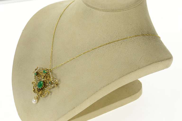 14K Yellow Gold Victorian Chrysoprase Seed Pearl Scroll Pendant/Pin