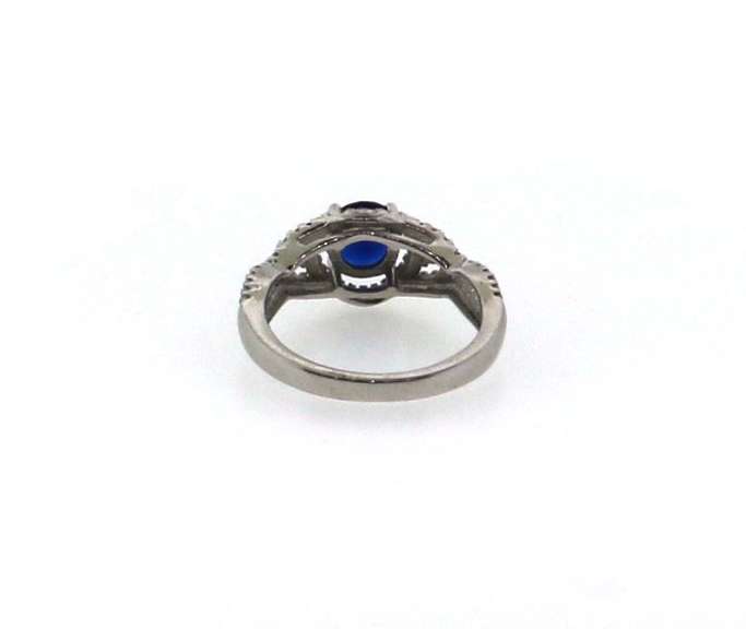 Sterling Silver Bridal Set Ring with Deep Ocean Blue Gemstone and Cubic Zirconias