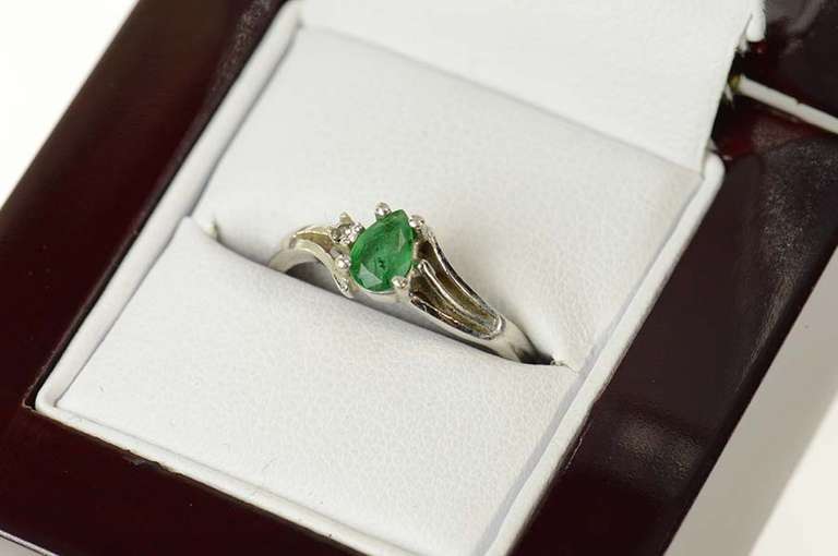 14K White Gold Pear Natural Emerald Diamond Accent Bypass Ring