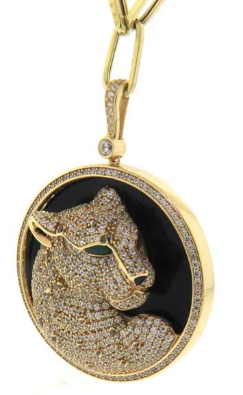 Phenomenal Handmade Italian Panther Necklace with 14k Gold Cable Chain and Pendant Rimmed with Cubic Zirconias and a Black Onyx Center
