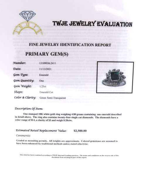 Wonderful 18kt Emerald and Diamond Swirl around Ring