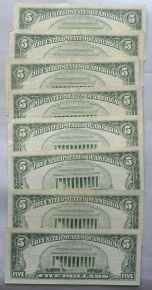 7 Clean Red Seal 1953 US Notes