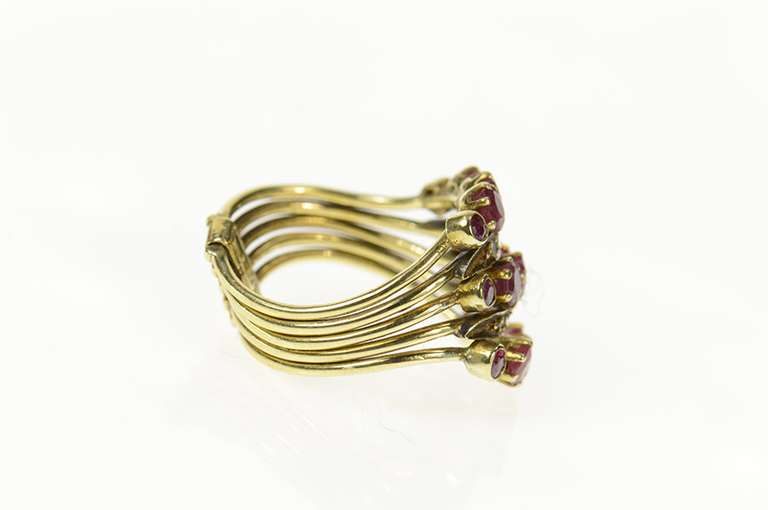 14K Yellow Gold Victorian Ruby Diamond Tiered Wavy Band Ring