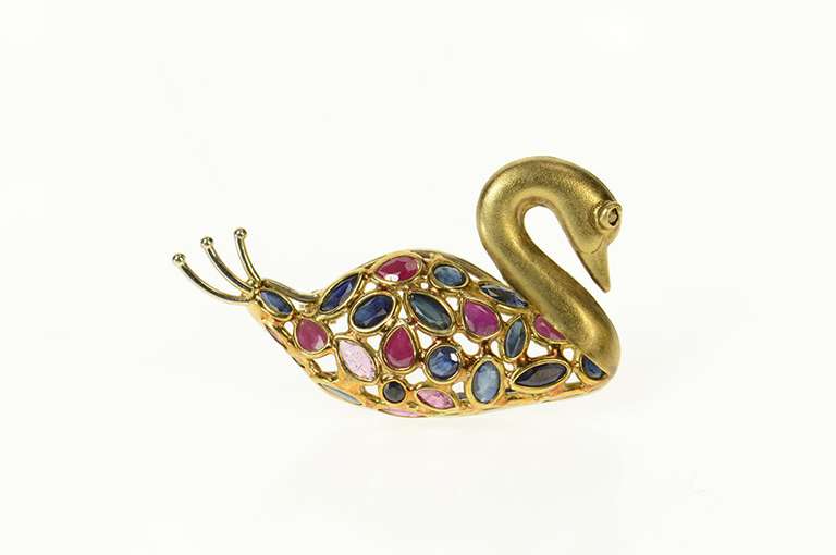 14K Yellow Gold Sapphire Ruby Encrusted Swan Statement Pin/Brooch