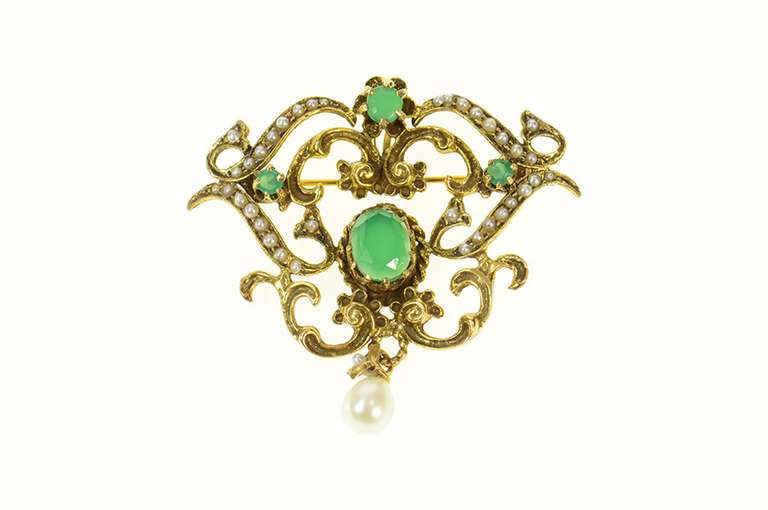 14K Yellow Gold Victorian Chrysoprase Seed Pearl Scroll Pendant/Pin