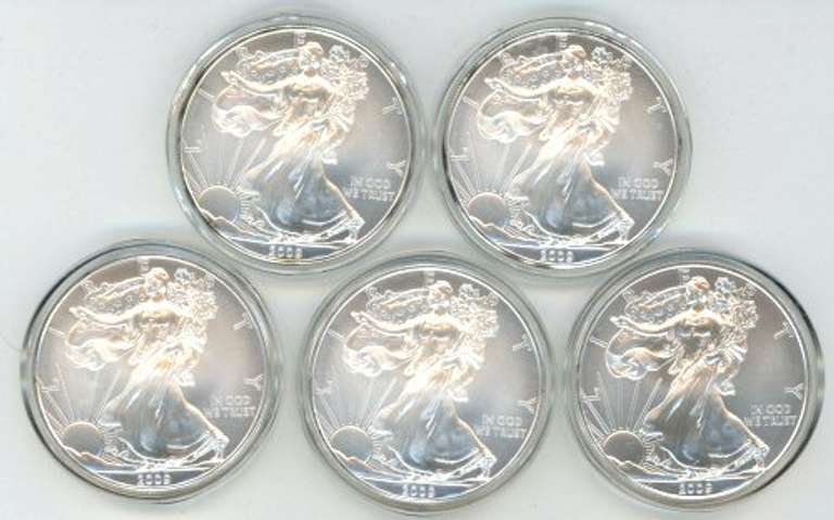 5 Superb Gem BU 2009 $1 Silver Eagles in custom capsules