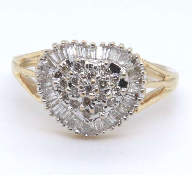 Fabulous Bagutte and Round Diamond Heart Cluster Ring