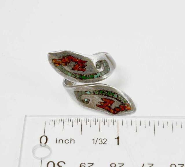 Sterling Silver Native American Coral And Turquoise Ring.