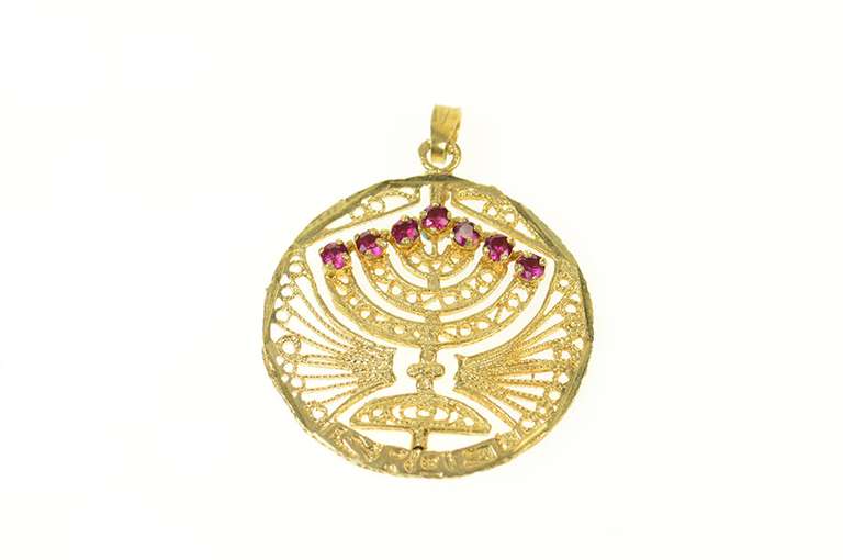 14K Yellow Gold Ruby Turquoise Filigree Menorah Spinning Charm/Pendant
