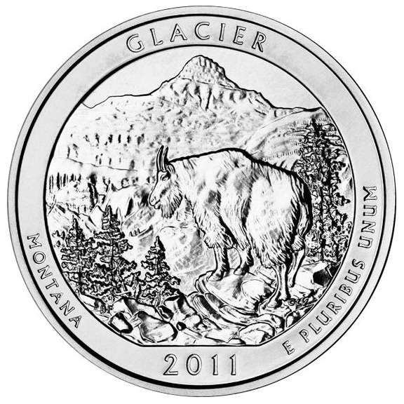 2011 America The Beautiful Five Ounce Silver Uncirculated Coin Glacier National Park Montana.