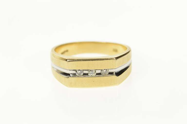 14K Yellow Gold Squared Men's Diamond Grooved Wedding Band Ring