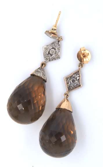 18 KT GOLD TEAR DROP EARRINGS WITH DIAMONDS QUARTZ