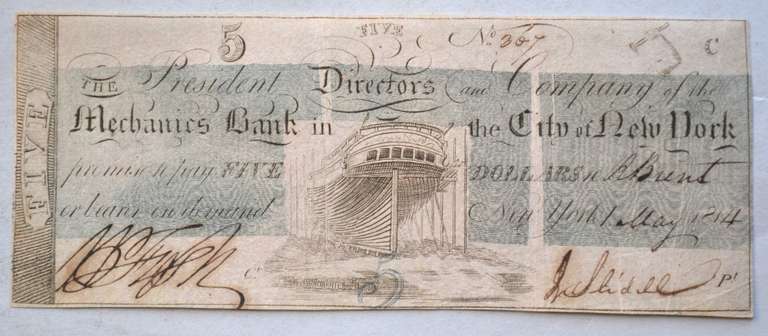 $ 5 Mechanics Bank Of New York City May 1 1814 Note