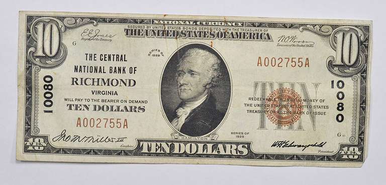 Series 1929 $10.00 Richmond, VA Charter No. 10080 National Bank Note