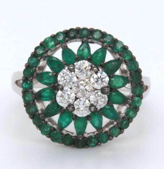 Pretty Floral Emerald and Diamond Ring with 18k Stamped White Gold Band