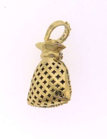 Glittering Diamond Money Bag Pendant in 10kt Yellow Gold
