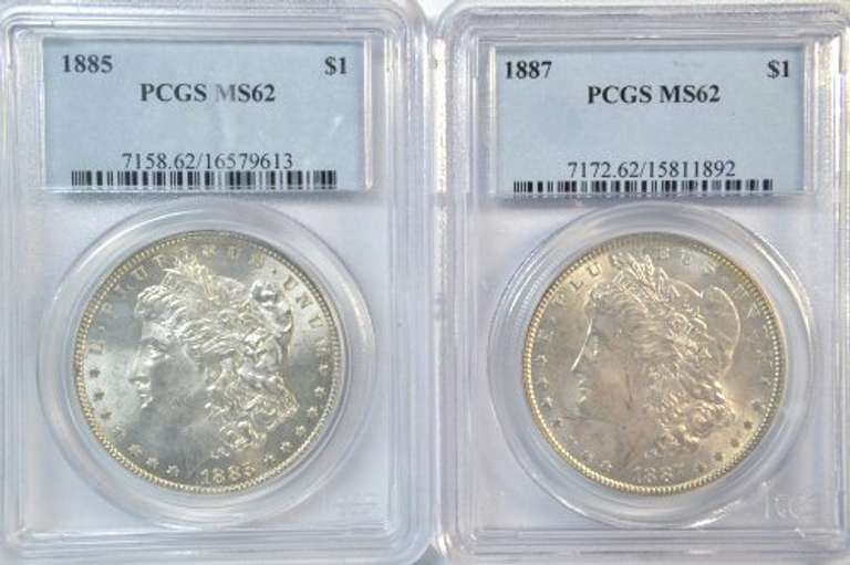 PCGS MS62 1885 & 1887 Morgan Silver Dollars. Flashy