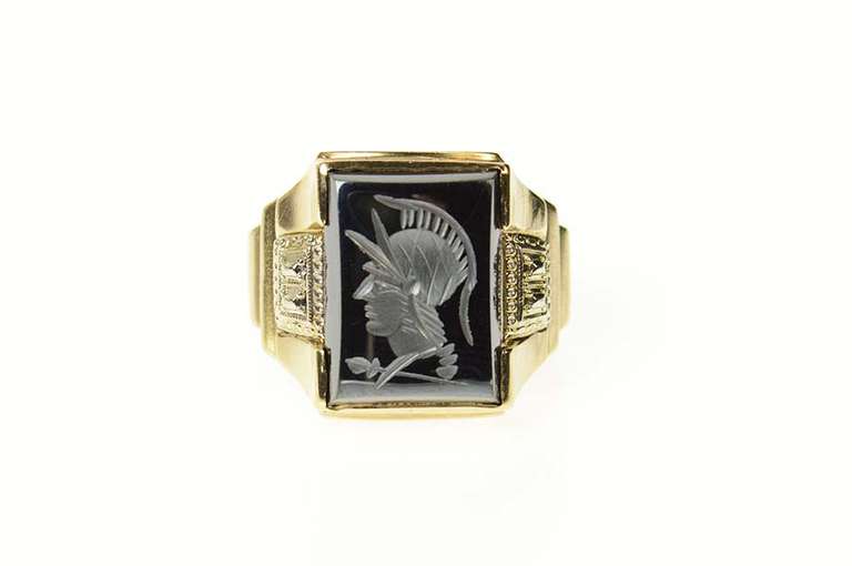 10K Yellow Gold Carved Hematite Intaglio Soldier Men's Retro Ring