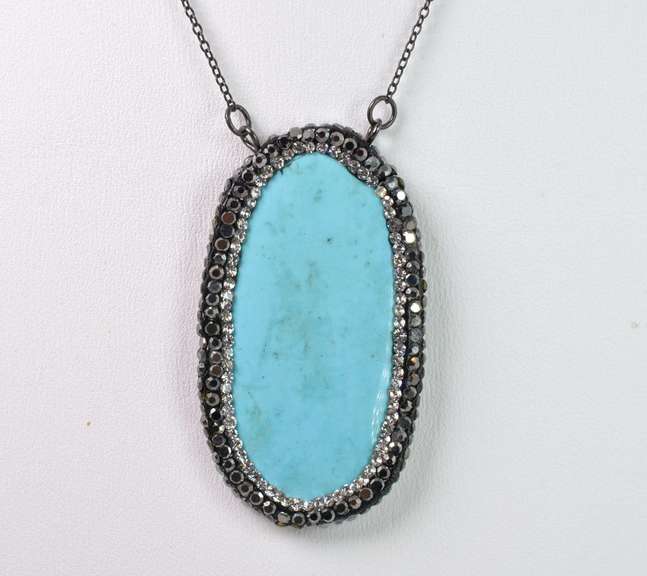 Terrific Tablet Cut Turquoise Gemstone Pendant Necklace with Crystal Accents