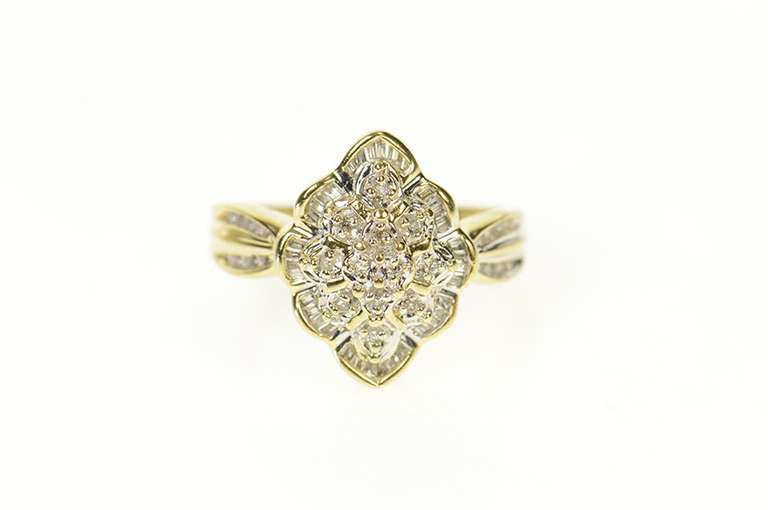 10K Yellow Gold Scalloped Diamond Cluster Classic Statement Ring