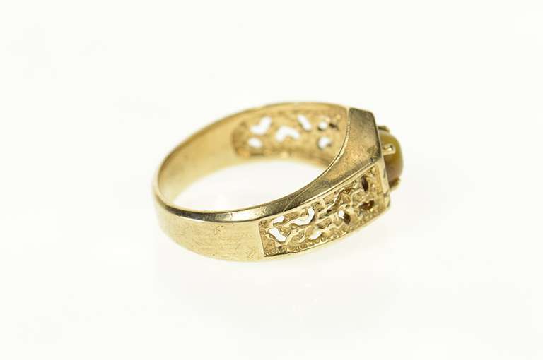 10K Yellow Gold Retro Tiger's Eye Ornate Textured Nugget Ring