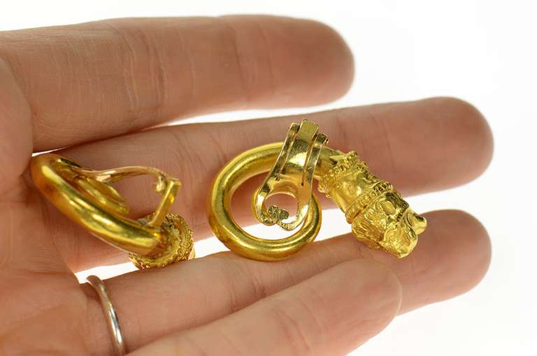 22K Yellow Gold Dragon Swirl Lion Clip Back Statement Earrings