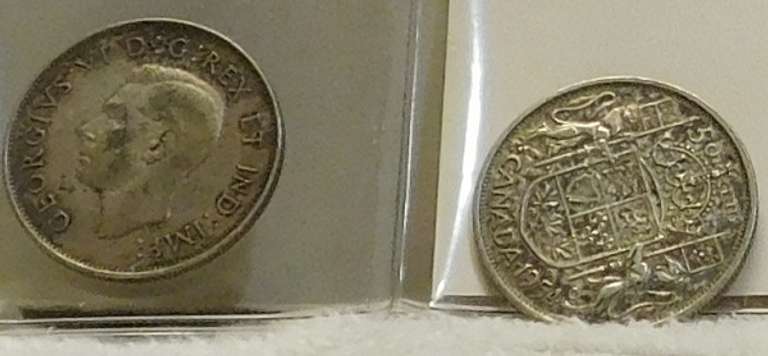 2 coins, Canada Hf Dols,Eliz II $ George VI, 80 % Sil